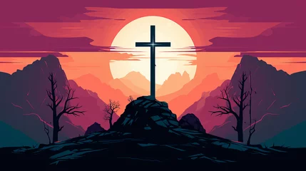 Poster cruz  na montanha do Gólgota. Ilustração em vetor de Páscoa cristã © Alexandre