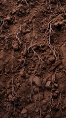 Fototapeta premium Texture of moist soil with earthworm trails weaving through it, creating a velvetlike appearance. The trails are slightly raised, adding to the plush texture of the soil.