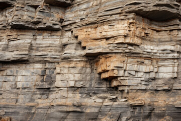 Texture of a craggy cliffside, with layers of sedimentary rocks jutting out in uneven formations. The surface is weathered and worn, with a mix of light and dark shades.
