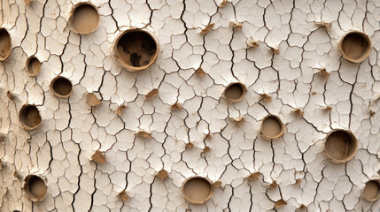 Closeup of a sycamore tree bark with multiple tiny holes made by a woods sharp beak. The holes are closely grouped together and form a distinct pattern on the bark. - obrazy, fototapety, plakaty
