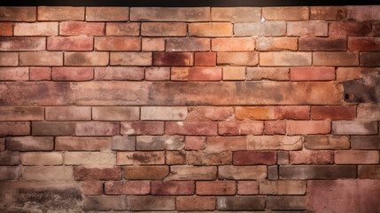 Closeup of a weathered brick facade, showcasing a beautiful contrast of deep maroon bricks and patches of light peach, creating a visually stunning and textured display.