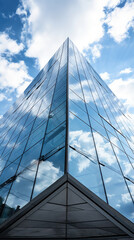 Obraz premium Texture of a mirrored glass exterior punctuated by angular steel accents, creating a bold and futuristic aesthetic. The glass appears to blend seamlessly with the sky, reflecting the clouds