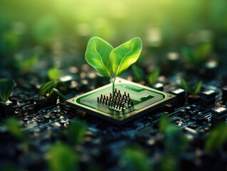 Tree growing on a computer circuit board. Green computing, Green technology, Green IT, CSR, and IT ethics. Concept of green technology. Environment green technology