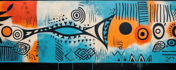 Closeup of a street art mural with a textured, handpainted style. The artist used a mix of brushes and rollers to create organic, abstract shapes and patterns that blend together in a harmonious