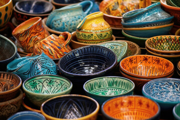 Fototapeta premium Closeup of a vibrant market stall texture featuring rows of handmade pottery in various sizes and shapes. The pottery is decorated with intricate designs in vibrant shades of greens, blues,