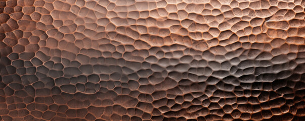 Closeup of hammered steel A unique texture with a handcrafted feel, created by repeated indentations and hammering. The steel has a warm bronze or copper color with a rugged surface that - obrazy, fototapety, plakaty