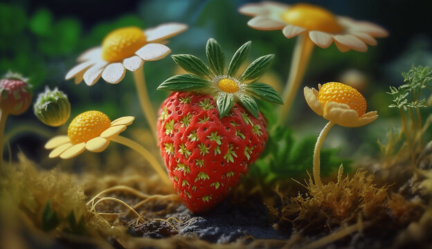 Ultra realistic photography blooming red strawberry image AI generated art