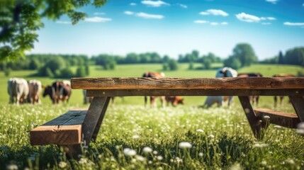 Naklejka premium old wooden table with green meadow and blue sky, cows, bright background