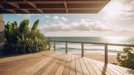 Fototapeta na wymiar Outdoor beach villa balcony deck, with natural beach views