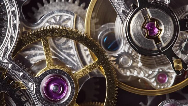Detail of clockwork with gear. Old clock mechanism works. Macro 4K