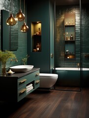 modern bathroom in sage green with washbasin, bathtub, and toilet bowl