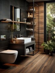 modern minimalist bathroom with washbasin and toilet bowl in dark grey color