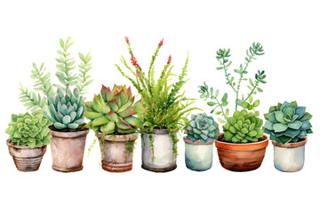 set of indoor succulents in pots in watercolor, drawing isolated on transparent background