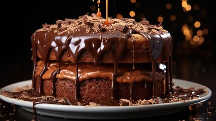 Fototapeta na wymiar Pouring chocolate batter onto delicious fresh cake on marble table