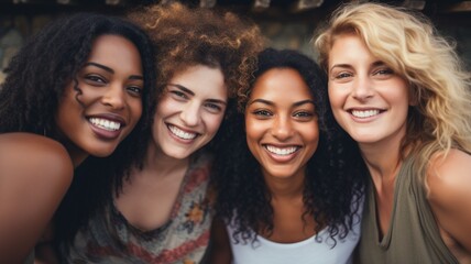 Fototapeta premium Multi-ethnic Women's Group with a Pleasant Smile, Caucasian, Mexican, Brazilian and African-American Women, Concept of Union
