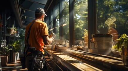 Fototapeta premium professional worker install and adjust window in the new house