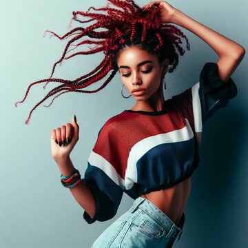 Stylish afro girl with red braided hair dancing. Good times are with happy and happy songs. Always be happy and live life.