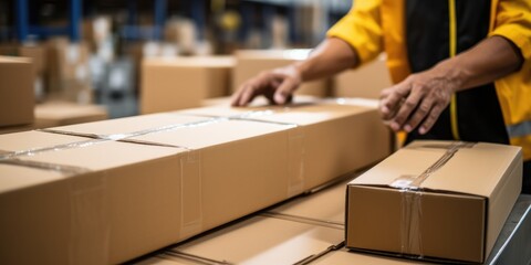 close up of a man's hands taping a cardboard box, generative AI