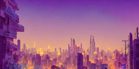 Foto op Aluminium city skyline night lights dusk urban watercolor art nightlife skyscraper building illustration © DrewBuzz