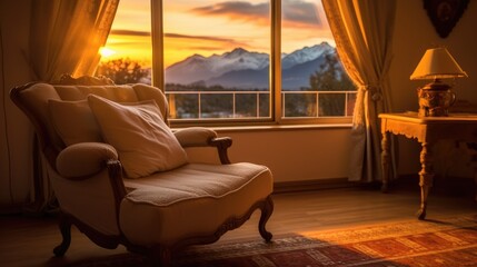 seat by the window and see the mountain view in the country villa at sunrise