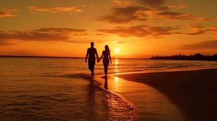 silhouette of a couple walking in the sunset on the beach - obrazy, fototapety, plakaty