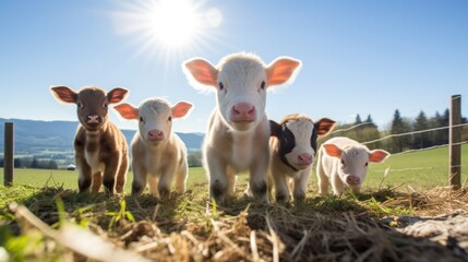 Fototapeta premium Group of calfs in a farm. Domestic animals at farm.