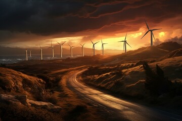 Sunset over Italian wind farm. Generative AI