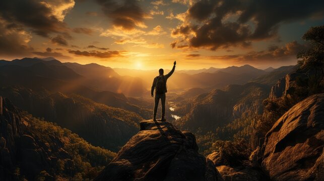 Silhouette Of A Man Standing On Top Of A Mountain Raising One Hand To Hit The Sky No Face