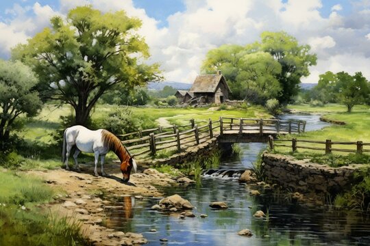 Peaceful rural landscape featuring horses, flowing creek, and a wooden bridge. Generative AI