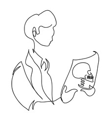 One line drawing of doctor looking at x-ray.
One continuous line drawing of doctor in a white coat.