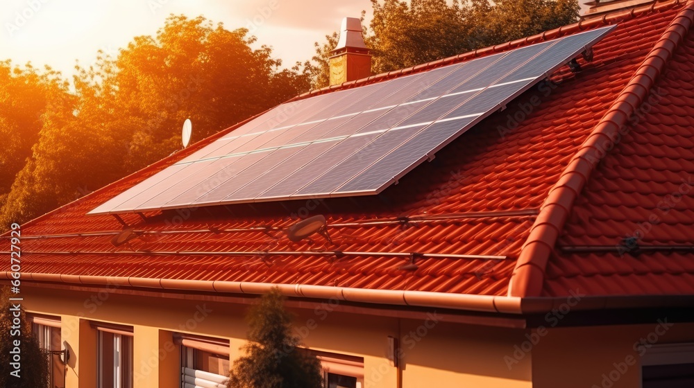 Canvas Prints solar panels on the red roof of the house with hot sun