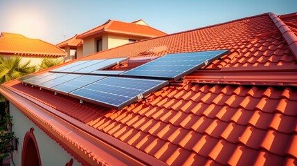 solar panels on the red roof of the house with hot sun