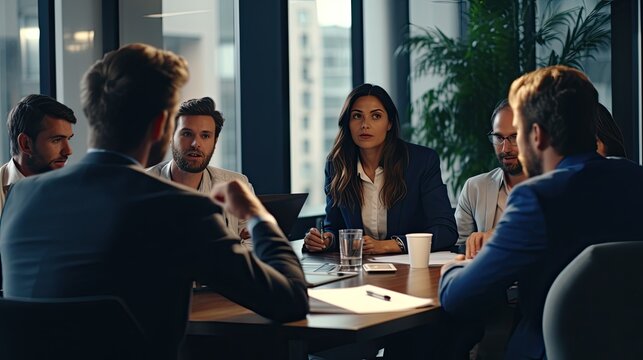 Image of business people working and discussing together in meeting room.