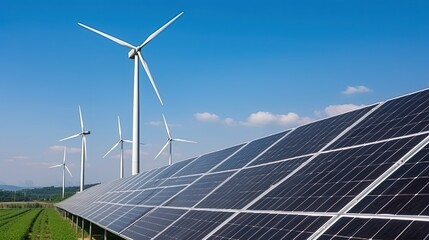 solar panels and wind turbines generating electricity in power station green energy renewable with blue sky background