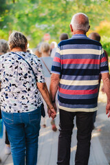 Naklejka premium senior couple hand in hand walking in the park. Happy active senior couple walking and holding hands outdoors