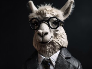Alpaca dressed in a business suit and wearing glasses