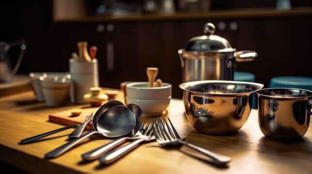 Stainless steel kitchen utensils and utensils on the kitchen table