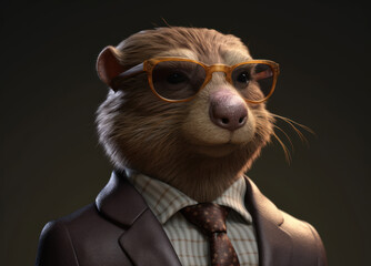Beaver dressed in a business suit and wearing glasses