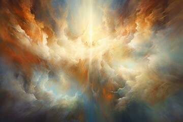 Abstract portrayal of divinity with ethereal light emanating from clouds. Generative AI