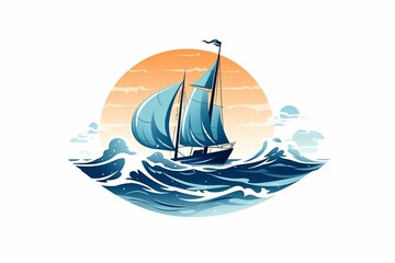 Silhouette of a yacht with a sail on a blue wave. Generative AI