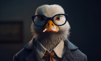Duck dressed in a business suit and wearing glasses