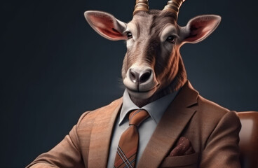 Eland dressed in a business suit and wearing glasses