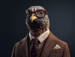 Grouse dressed in a business suit and wearing glasses