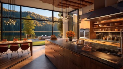 the concept of a modern villa kitchen feel overlooking the lake