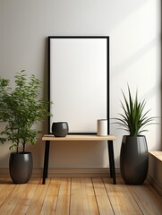 wooden black frame mock up leaning against the wall beside plant and pot