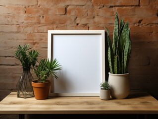 wooden frame mock up leaning against the wall beside plant and pot with brick exposed background