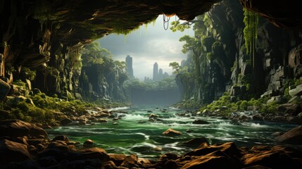 The flow of the waterfall can be seen from inside a rock cave on a green mossy mountain - Powered by Adobe