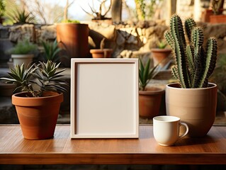 empty white frame mock up with tea cup, pot and cactus