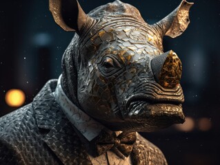 Rhinoceros dressed in a business suit and wearing glasses
