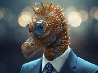 Seahorse dressed in a business suit and wearing glasses